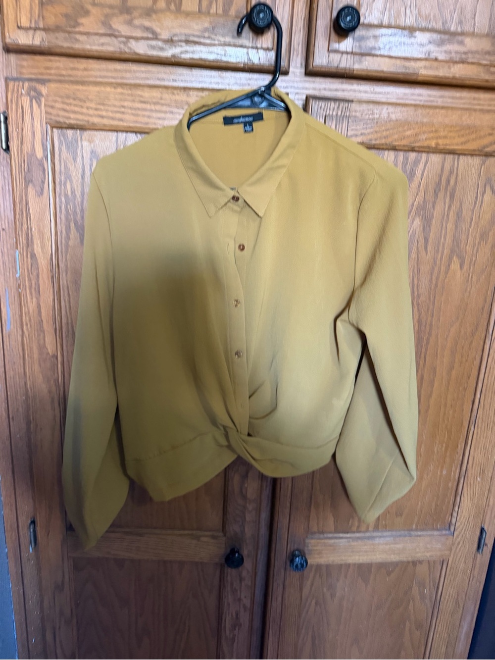 Ambiance Twist-Front Button-Down Shirt in Mustard